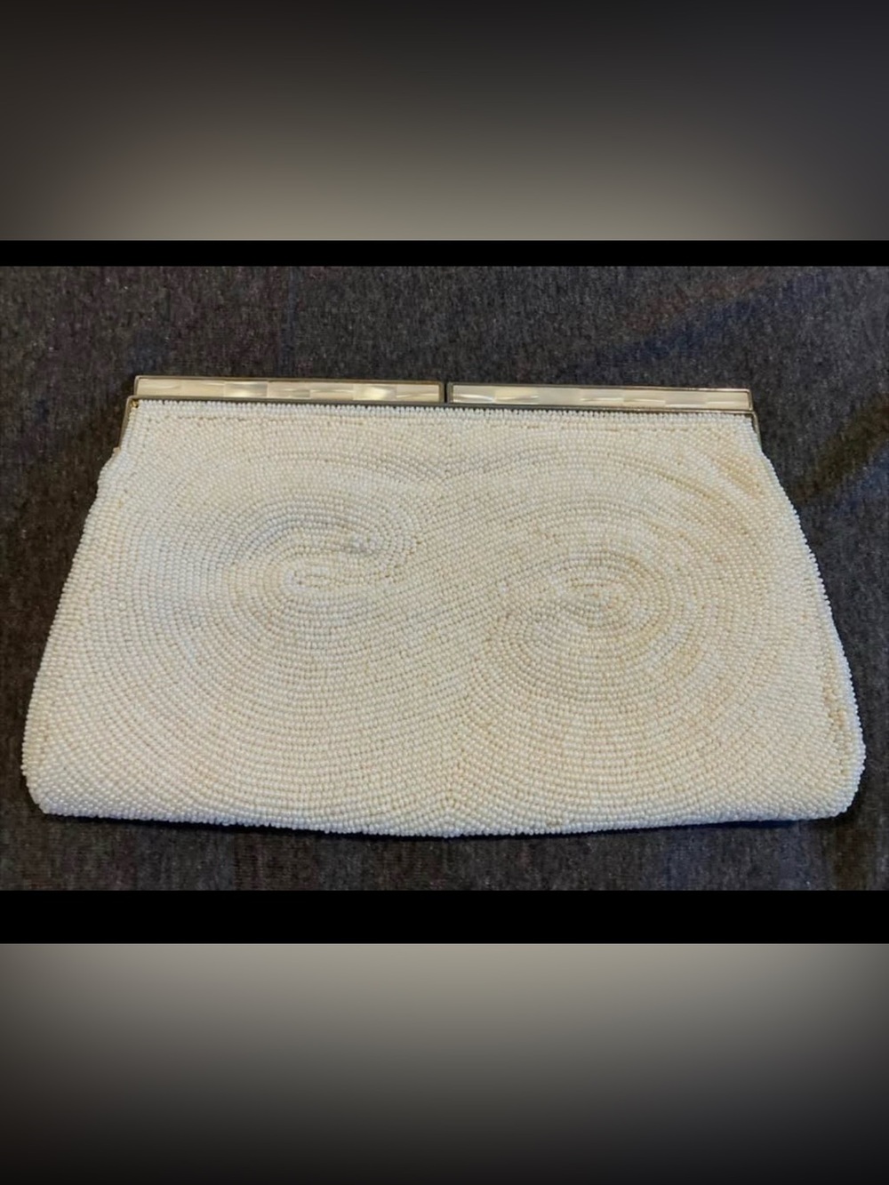 Vintage mother of pearl Clutch white swirl beading purse made in Japan